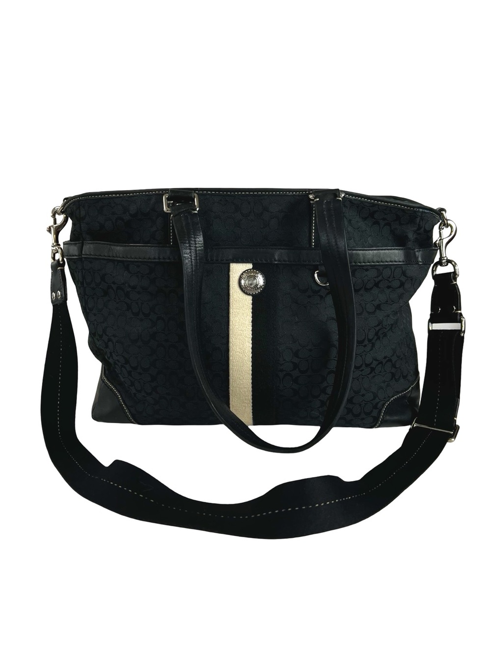 Coach Signature Stripe Multifunction Diaper Tote Bag Black Canvas Blue Interior